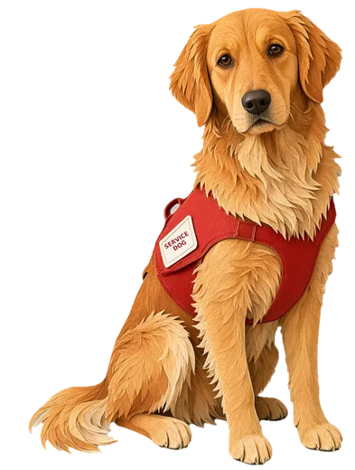 Lucy, a golden retriever in a red Service Dog vest, sitting
